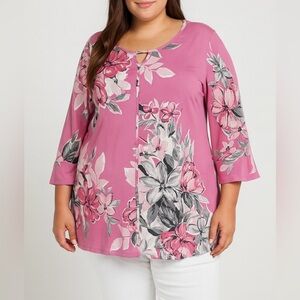 Allison Daley Pink Floral Keyhole Neck Stretch Knit Tunic Top Plus 2X